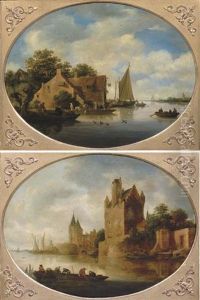 A River Landscape With A Boathouse With Fishermen Unloading A Sailing Vessel (+ A Fortified Town By A River With Fishermen Bringing In Their Nets; Pair) by Frans de Hulst
