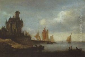 Schloss Mit Eckturmchen Und Bootssteg Am Linken Ufer Eines Flusses
