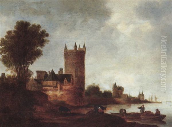 River Landscape With A Dutch Town, With Fisherman In Their Boats And A Maid Milking A Cow Nearby - view 1