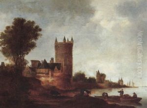 River Landscape With A Dutch Town, With Fisherman In Their Boats And A Maid Milking A Cow Nearby by Frans de Hulst