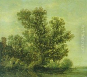 Flusslandschaft Mit Knorriger Eiche Am Linken Ufer Und Fischerboot
