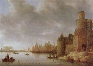 Stadt An Einem Flus Mit Booten Und Angelrn by Frans de Hulst