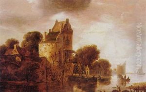 River Landscape With Fishermen In A Rowboat