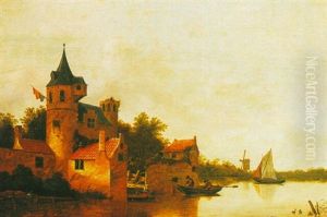 A River Estuary By A Fortified Town With Boats