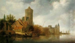 A View Of An Estuary With Figures In A Boat And A Town Beyond