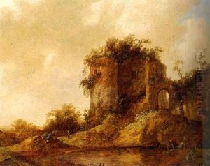 A Washerwoman By A Pond Near A Ruined Tower In The Dunes
