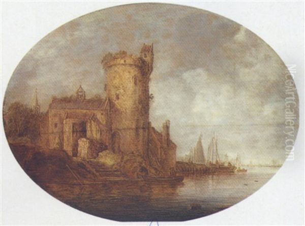 River Landscape With Fishermen Near A Ruined Tower - view 1