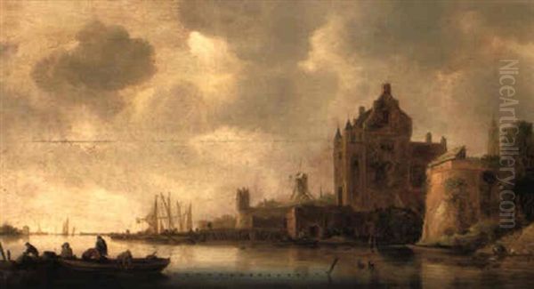 A River Landscape With Fishermen Hauling In Their Nets Before A Castle - view 1