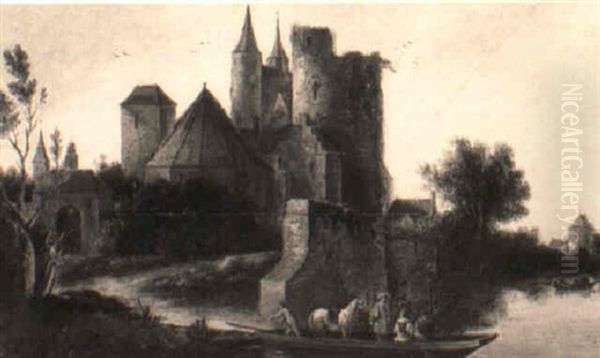 A River Landscape With Elegant Figures Being Ferried In A Punt By A Castle - view 1