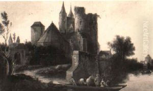 A River Landscape With Elegant Figures Being Ferried In A Punt By A Castle by Frans de Hulst