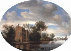 An Estuary With Anglers By A Tower by Frans de Hulst