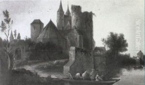 River Landscape With Elegant Figures Being Ferries In A Punt by Frans de Hulst