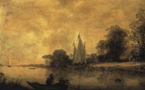 River Estuary With Fishermen Hauling In Their Nets by Frans de Hulst