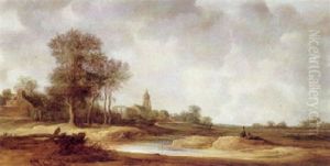 Open Landscape With Figures, A Ruined Church Beyond by Frans de Hulst