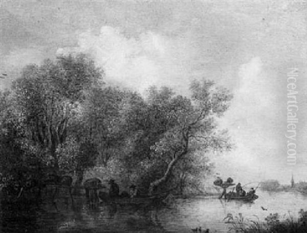 A River Landscape With Anglers Fishing From Their Boats - view 1