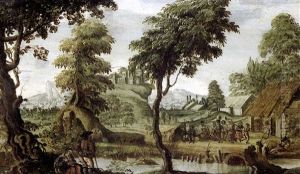 Paysage Vallonne Avec Paysans Dansant Le Long D'une Riviere