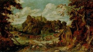An Extensive Wooded Landscape With Pilgrims Worshipping A Miraculous Crucifix...