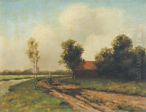Weite Landschaft Mit Bauerin Auf Einer Dorfstrase by Cornelis Johannes van Hulsteyn