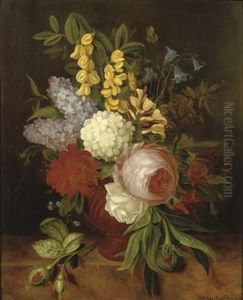 Roses, Forget-me-nots And Other Flowers In A Vase On A Marble Ledge by Cornelis Johannes van Hulsteyn