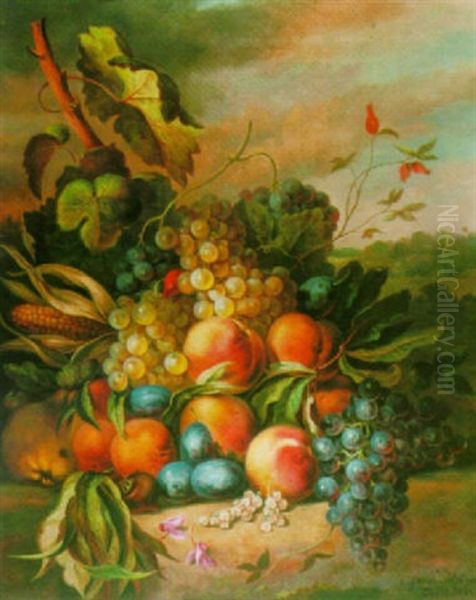 A Still Life Of Grapes, Peaches, Plums And Other Fruits In A Landscape - view 1