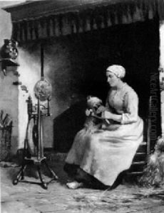 A Woman Spinning Flax by Cornelis Johannes van Hulsteyn