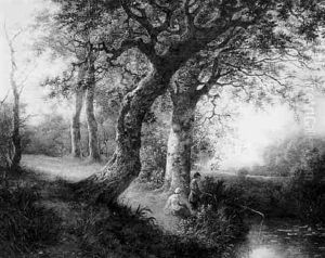 A Boy And A Girl Fishing In A Forest Creek by Jan Hulswit