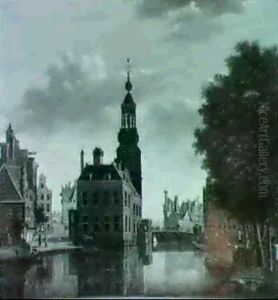 A View Of The Singel, Amsterdam, With A Barge Being Loaded, The Munttoren Beyond by Jan Hulswit