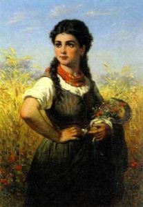 Junge Bauerin Mit Wiesenblumenstraus Und Handsichel Vor Kornfeld