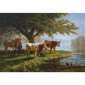 Kuhherde Am Besonnten Ufer Des Genfersees by Charles (Jean-Ch. Ferdinand) Humbert