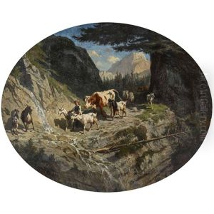 Viehherde Auf Steilem Bergpfad by Charles (Jean-Ch. Ferdinand) Humbert