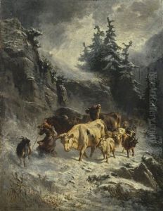 Troupeau Dans Une Tempete De Neige by Charles (Jean-Ch. Ferdinand) Humbert