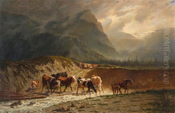 An Einem Wildbach Trinkende Viehherde In Alpiner Landschaft - view 1