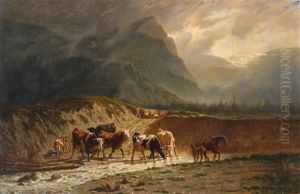 An Einem Wildbach Trinkende Viehherde In Alpiner Landschaft by Charles (Jean-Ch. Ferdinand) Humbert