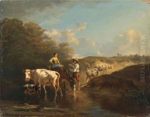 Pair Of Herders With Animals At The Waterside