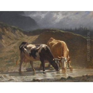 Kuhe An Der Tranke by Charles (Jean-Ch. Ferdinand) Humbert
