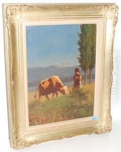 Magd Mit Weidender Kuh by Charles (Jean-Ch. Ferdinand) Humbert