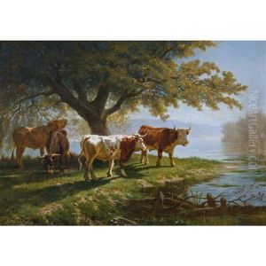 Kuhherde Am Sonnigen Ufer Des Genfersees by Charles (Jean-Ch. Ferdinand) Humbert