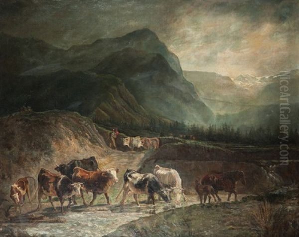 Vaches S'abreuvant Dans Les Alpes - view 1