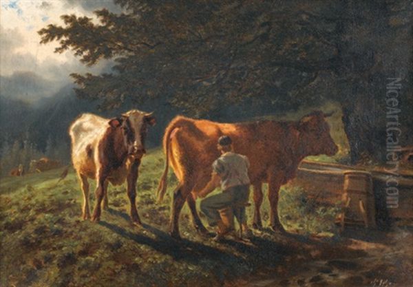 Landschaft Mit Kuhen Und Melkendem Bauern - view 1