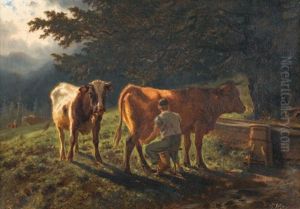 Landschaft Mit Kuhen Und Melkendem Bauern by Charles (Jean-Ch. Ferdinand) Humbert