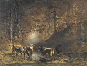 Kuhe An Einer Wasserstelle Auf Einer Waldlichtung by Charles (Jean-Ch. Ferdinand) Humbert