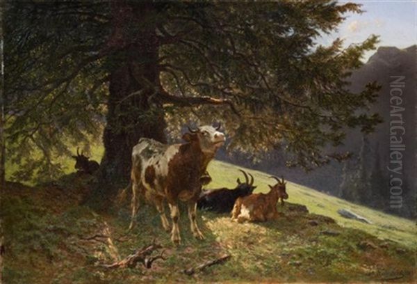 Paysage Avec Une Vache Et Chevres - view 1