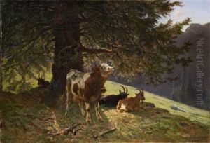 Paysage Avec Une Vache Et Chevres by Charles (Jean-Ch. Ferdinand) Humbert