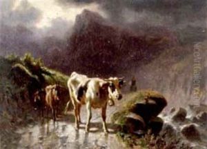 Rind Und Zwei Ziegen Aud Alpweg Nach Gewitter by Charles (Jean-Ch. Ferdinand) Humbert