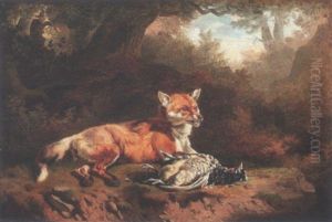 Fuchs Mit Totem Rebhuhn Am Waldrand by Charles (Jean-Ch. Ferdinand) Humbert