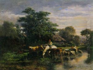 Hirte Mit Kuhen Und Schafen Am Teich Hirte Mit Kuhen Und Schafen Am Teich