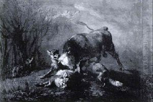 Stier, Von Woelfen Angegriffen by Charles (Jean-Ch. Ferdinand) Humbert