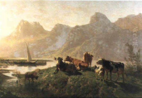 Kuhe Und Schafe Am Ufer Eines Bergsees - view 1