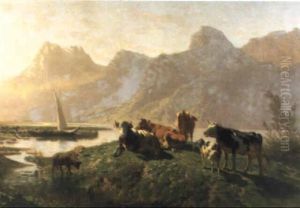 Kuhe Und Schafe Am Ufer Eines Bergsees by Charles (Jean-Ch. Ferdinand) Humbert