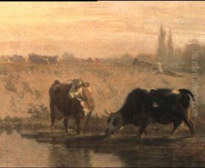 Zwei Kuhe An Der Tranke by Charles (Jean-Ch. Ferdinand) Humbert